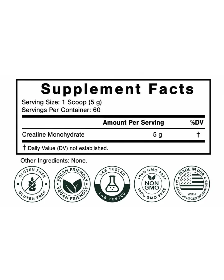 Etiqueta Supplement Facts de Volta Creatine: porción de 5 g, 60 porciones por envase